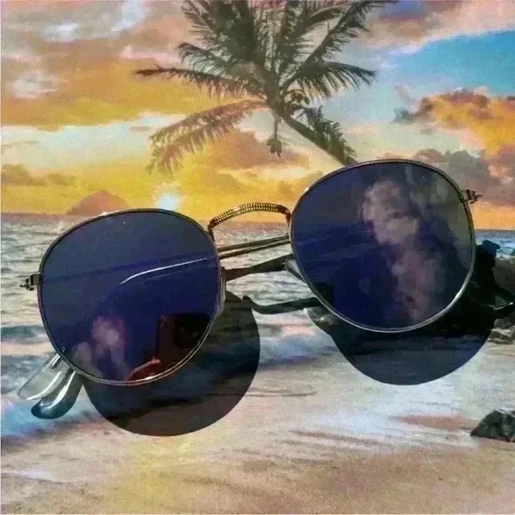 Rose Pink Round Lens Gold Frame Sunglasses with microfiber cleaning pouch - Picture 7 of 12